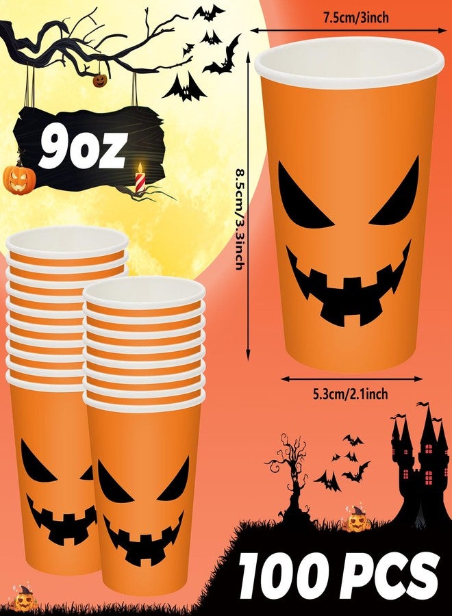 JarThenaAMCS 100Pcs Halloween Paper Cups 9oz Pumpkin Ghost Disposable Drinking Cups White Orange Spooky Party Cups for Hot Cold Drink Halloween Party Supplies - Image 2